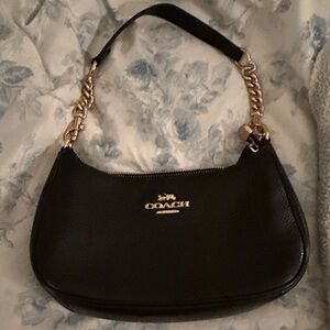 Coach Black Leather Shoulder Bag with Gold Accents